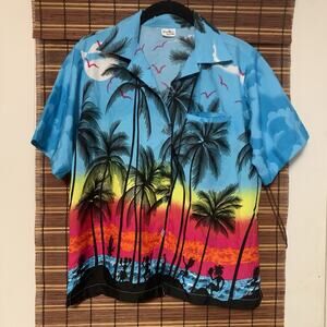King Kameha Womens Medium M Polyester Blue Colorful Funky Tropical Print Shirt